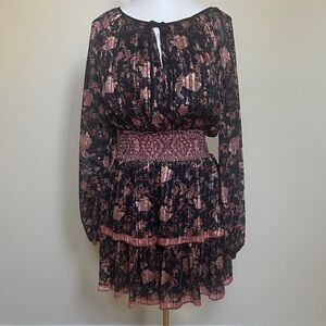 Metallic Fall Floral Long Sleeve Tired Dress in Black, Rust and Pink